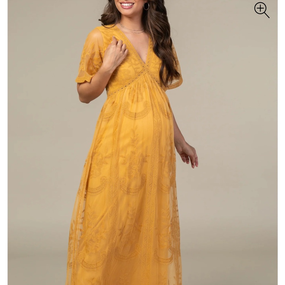 PinkBlush Mustard Lace Mesh Overlay Maternity Maxi Dress, size M